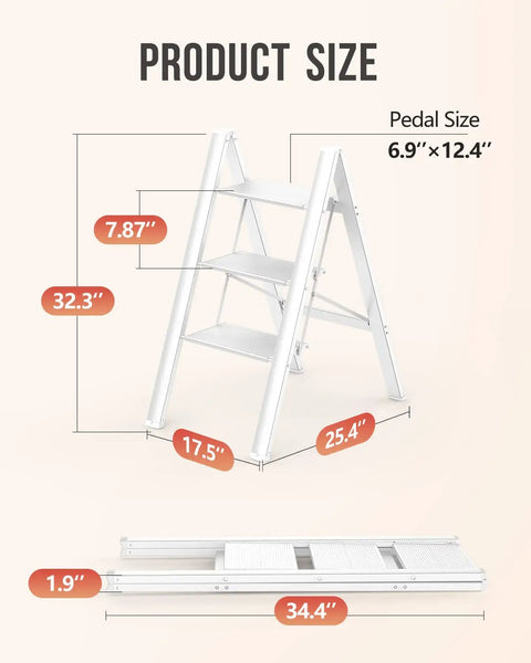 Three Step Folding Ladder For Home Use dimensions showing open and folded size, Lightweight Aluminum Step Stool With Anti Slip Pedals, Easy Folding Mechanism, Portable 300Lb Capacity, Ideal For Kitchen, Closet And Home Projects, White