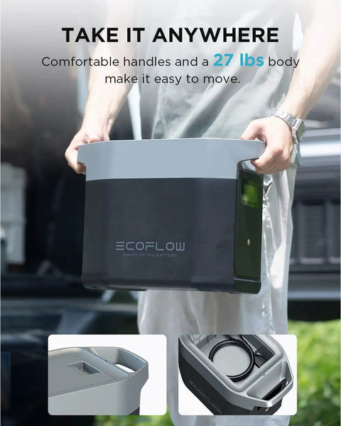 Person holding Delta 2 Smart Extra Battery 1024Wh LiFePO4 Expansion for Power Station Delta 2, lightweight design for portability.