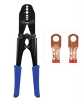 Beefy Heavy Duty Battery Cable Lug Crimp Tool For Eight AWG To One Zero AWG End Terminals, blue handles, fixed hex die sets shown