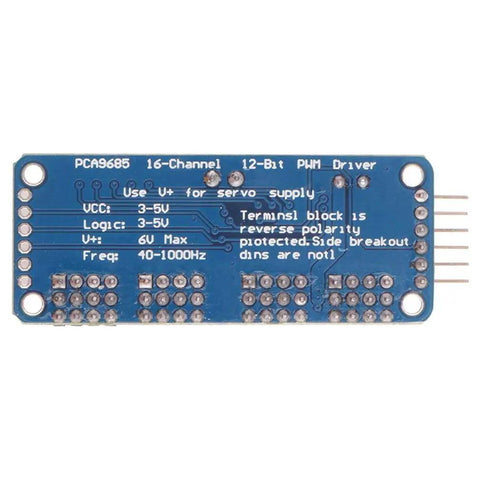 Two Pack PCA9685 16-Channel 12-Bit PWM Servo Driver I2C Module for Arduino Robots, blue circuit board, component view.