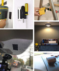 Collage showing 2x4 Inch Self Adhesive Hook And Loop Tape Set in various indoor and outdoor uses, easy peel stick mounts, black.