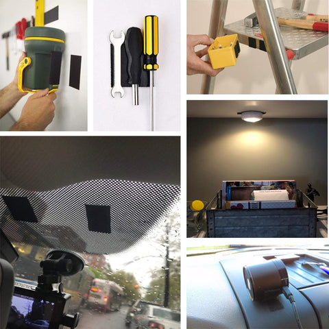 Collage showing 2x4 Inch Self Adhesive Hook And Loop Tape Set in various indoor and outdoor uses, easy peel stick mounts, black.