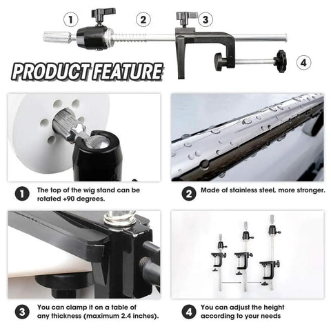 Durable Metal Wig Stand With C Clamp Adjustable Height Table Mount For Wig Doll Head And Mannequin Heads product features