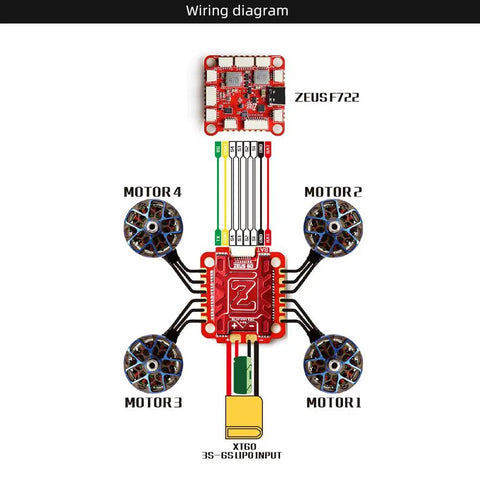 Wiring diagram for 60A 4-In-1 ESC BL32 For 3-6S FPV Racing Drones Freestyle with motor connections and XT60 input.