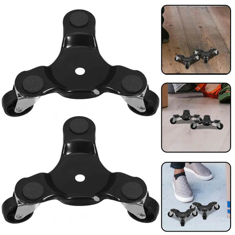 Heavy Duty Furniture Dolly Set Four Pack Built With Carbon Steel Abs For Moving Heavy Cabinets At Home Or Office So You Can Haul Gear Without Breaking A Sweat Portable Handles Make Lifting Easy Peasy When Rolling Loads Around Your House Or Business. black 3-wheel furniture dolly set on floor
