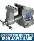 Mechanics Pro Bench Vise Built Tough For DIY Pros With 4.5 Inch Jaw Width, 4 Inch Opening, 3.5 Inch Throat, Durable Ductile Iron Build, Enclosed Spindle, Precision Slide Bar, 60,000 PSI Strength, Needle Roller Lubrication For Smooth Grade Clamping. 4.5-inch ductile iron bench vise with swivel base and enclosed spindle