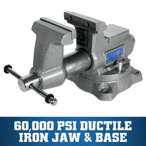 Mechanics Pro Bench Vise Built Tough For DIY Pros With 4.5 Inch Jaw Width, 4 Inch Opening, 3.5 Inch Throat, Durable Ductile Iron Build, Enclosed Spindle, Precision Slide Bar, 60,000 PSI Strength, Needle Roller Lubrication For Smooth Grade Clamping. 4.5-inch ductile iron bench vise with swivel base and enclosed spindle