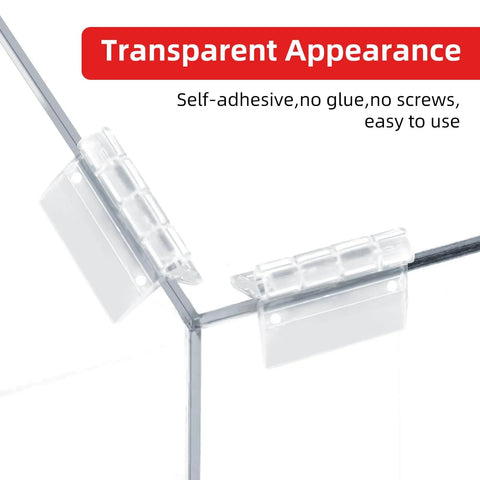 12 Pieces Self Adhesive Clear Acrylic Hinges Set For Glass Cabinets Displays And Craft Projects, 1.37 By 0.98 Inches With 275 Degree Rotation, Transparent Continuous Piano Hinge For Furniture Lids Aquarium And More on glass corners