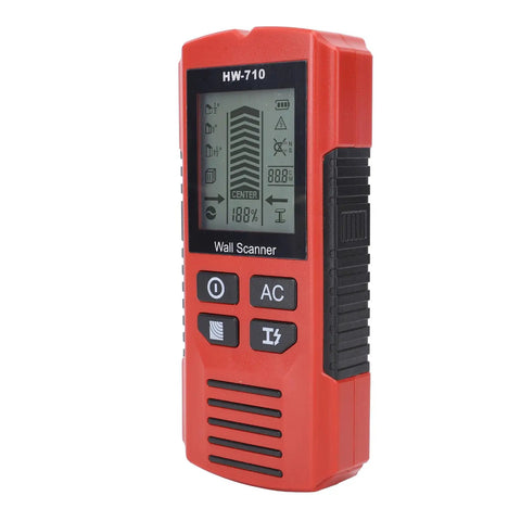 Aqur2020 Stud Finder Wall Scanner, 7 in 1 Electronic Wood Metal Wire Detector with 3 Depth Settings in red plastic casing.