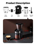 Hella Consistent Grind Flat Burr Coffee Bean Crusher With Thirty Two Precision Settings And Forty Second Auto Timer A Solid Kitchen Game Changer For Drip Pour Over And Espresso Brewing In Sleek Black on a countertop with coffee beans.