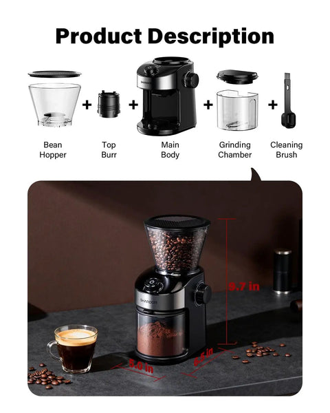Hella Consistent Grind Flat Burr Coffee Bean Crusher With Thirty Two Precision Settings And Forty Second Auto Timer A Solid Kitchen Game Changer For Drip Pour Over And Espresso Brewing In Sleek Black on a countertop with coffee beans.