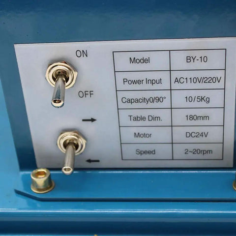 Control panel of 3 Jaw Rotary Welding Positioner Turntable With 2.5 Inch Mini Lathe Chuck 110V showing power settings and specifications.