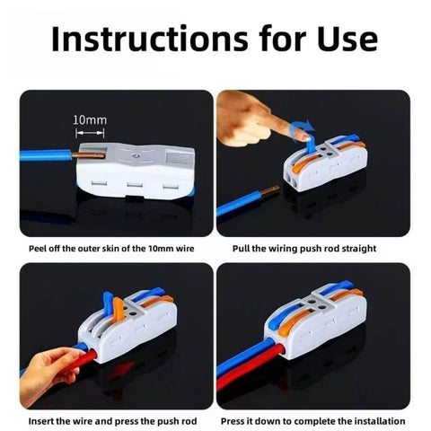 Instructions for using 20 Pcs Lever Wire Connectors Push In Splice Block 2 In 2 Out Nylon PA66 Shell Tin Copper Conductors Safe