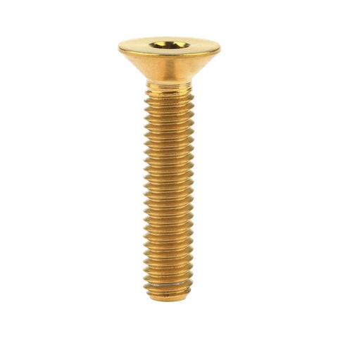 Badass Gr5 Titanium Countersunk Head Bolts M6 X 30 Millimeter Gold Anodized Finish Hex Socket Screws side view on white background