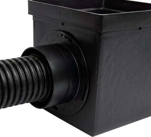 Square Catch Basin Drainage Kit For Lawns And Landscaping, 9 Inch, Black, close-up of adapter and side view for stormwater management