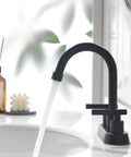 Matte Black Two Handle Bathroom Faucet For 4 Inch Centerset Sinks With Pop Up Drain And Water Supply Lines Made From 304 Stainless Steel Rust And Fingerprint Resistant Built To Last Easy Install No Fuss Vanity Fixture showing water flow