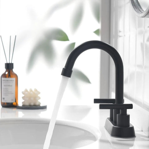 Matte Black Two Handle Bathroom Faucet For 4 Inch Centerset Sinks With Pop Up Drain And Water Supply Lines Made From 304 Stainless Steel Rust And Fingerprint Resistant Built To Last Easy Install No Fuss Vanity Fixture showing water flow
