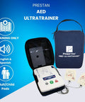 Prestan AED Ultratrainer front view in blue carrying case with adult/child pads