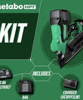18V MultiVolt Cordless Framing Nailer Kit with 30-Degree Magazine, battery, charger, and bag against green background.