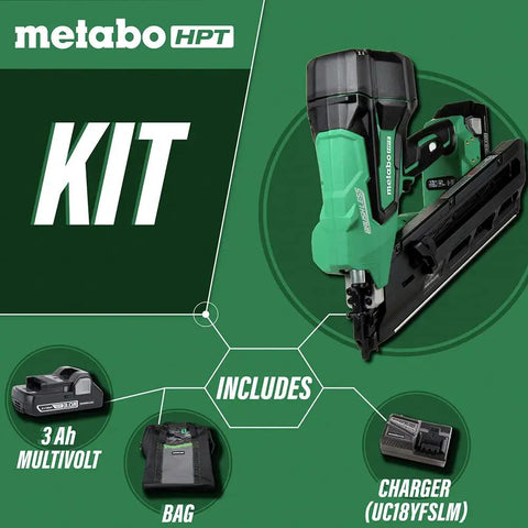 18V MultiVolt Cordless Framing Nailer Kit with 30-Degree Magazine, battery, charger, and bag against green background.