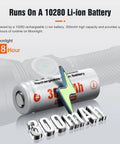 GT Nano Keychain Flashlight with 450 lumens, 300 meter beam, showing included 10180 Li-ion battery