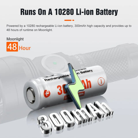 GT Nano Keychain Flashlight with 450 lumens, 300 meter beam, showing included 10180 Li-ion battery