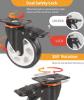 5 Inch Caster Wheels With Brake Set Of 4 Heavy Duty 2000 Lbs Industrial Swivel Casters Polyurethane Quiet Wheels For Cart And Workbench Dual Locking Safety Brakes Two Hardware Kits Included close-up showing dual safety lock feature.