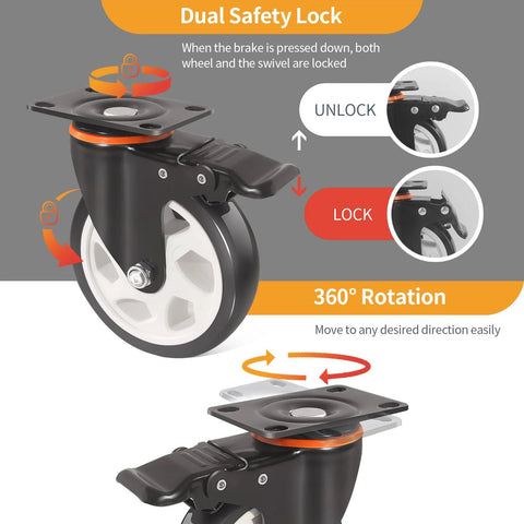 5 Inch Caster Wheels With Brake Set Of 4 Heavy Duty 2000 Lbs Industrial Swivel Casters Polyurethane Quiet Wheels For Cart And Workbench Dual Locking Safety Brakes Two Hardware Kits Included close-up showing dual safety lock feature.