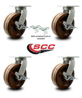 Rock Solid Extra Heavy Duty Swivel Caster Set With Hella Durable High Temp Phenolic Wheels For Warehouse Moving And Shop Hauling Uses, showing four swivel casters with dual brakes.