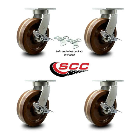 Rock Solid Extra Heavy Duty Swivel Caster Set With Hella Durable High Temp Phenolic Wheels For Warehouse Moving And Shop Hauling Uses, showing four swivel casters with dual brakes.