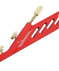 Dead On Precision Guitar Nut Scribe Tool And String Marker For Acoustic Classical Instrument Repairs Saddle Height Measurement Built Hella Sturdy From Brass And Aluminum Alloy In Red, showing adjustable fret gauge and brass measuring blade.