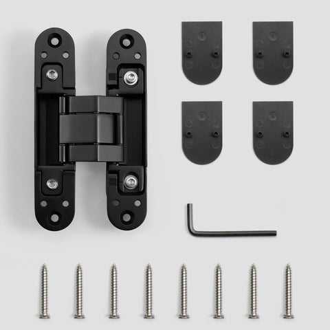 Invisible 5.5 Inch 3 Way Adjustable Concealed Door Hinges Matte Black Zinc Alloy 180 Degree Swing Hidden Butt Hinge For Doors 38mm To 60mm Thick 66 Lb Per Hinge No Fuss Vertical Horizontal And Depth Adjustments No Visible Hardware with included screws and wrench.