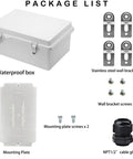 Weatherproof Electrical Enclosure IP67 Rated Junction Box with mounting plate, screws, cable gland, and wall brackets.