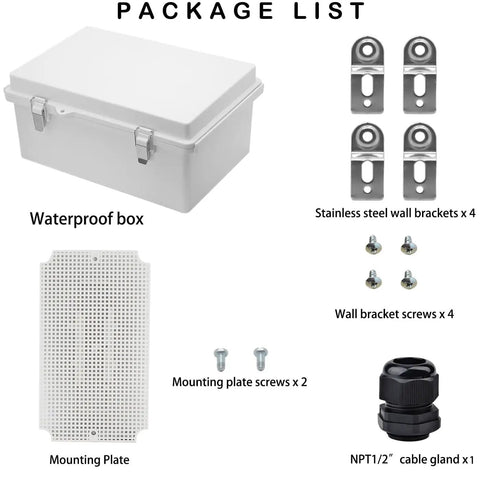 Weatherproof Electrical Enclosure IP67 Rated Junction Box with mounting plate, screws, cable gland, and wall brackets.