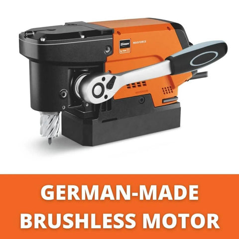 Fein JMC Magforce 90 magnetic base drill with brushless motor, orange and black housing with side handle
