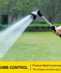 16 Inch Metal Watering Wand With 9 Spray Patterns in use, showing thumb control and non-slip grip feature outdoors
