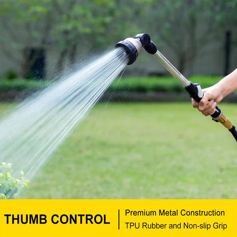 16 Inch Metal Watering Wand With 9 Spray Patterns in use, showing thumb control and non-slip grip feature outdoors