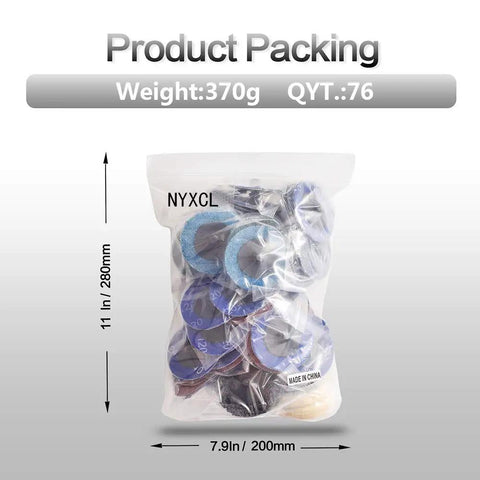 Packaged 60 Piece Sanding Discs Set For Die Grinder 2 Inch Quick Change Discs With Quarter Inch Shank Holder visible through clear bag.