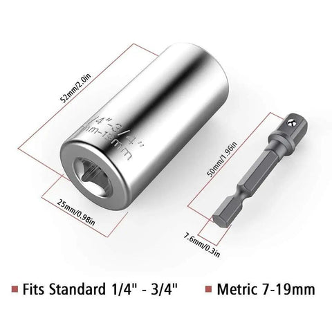 All In One 7mm To 19mm Ratchet Universal Socket Set For Drill And Power Driver, shown with size measurements, metric wrench adapter