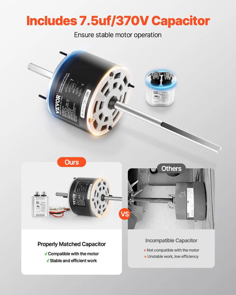 One Third HP RV Air Conditioner Fan Motor With Capacitor AC 115V 3A Dual Speed shown with matching capacitor