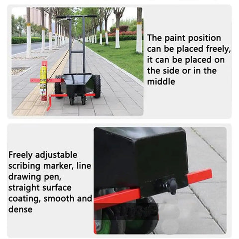 Heavy Duty Hand Push Line Paint Marker Roll Right Along Driveways Without Breaking A Sweat Crisp Stripe Applicator side view with adjustable paint position.