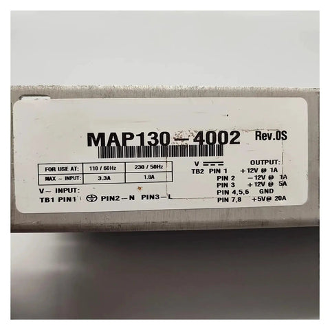 Label close-up of Heavy Duty Four Channel Industrial Power Supply MAP130-4002 showing input-output details.