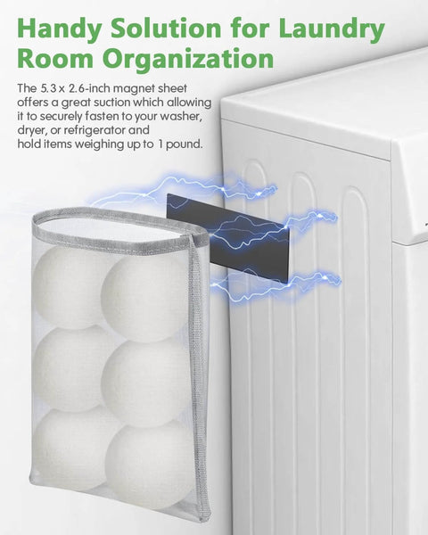 Magnetic Wool Dryer Balls Holder With Large Nylon Storage Bag attached to dryer, showing wool balls inside for Laundry Room Organization.