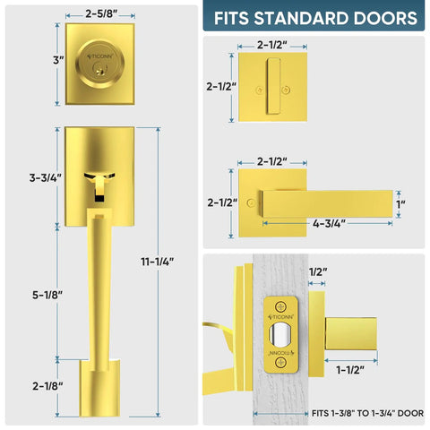 Front Door Handle Set With Heavy Duty Square Lever And Single Cylinder Deadbolt, Reversible For Exterior Doors, Polished Brass Finish, Built Tough Zinc Alloy Hardware For Easy Install And Lasting Security