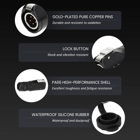 Pro Grade 2 Pin Waterproof Connector 16Mm Circular Aviation Plug IP67 Sealed Male Female Socket showing gold-plated pins and lock button.
