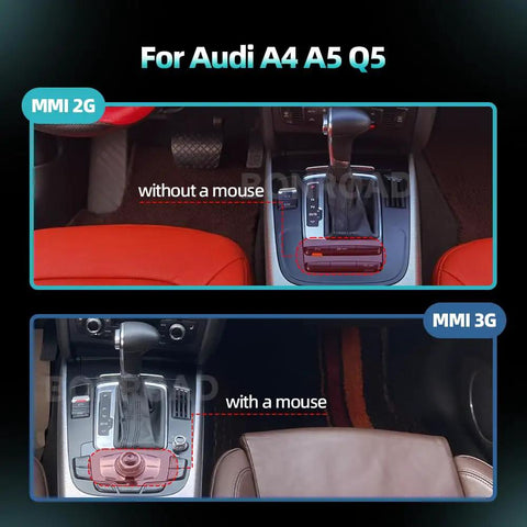 Audi Wireless CarPlay And Android Auto Retrofit Kit For A4 A5 Q5 A7 S4 S5 A6L 2009-2015 With MMI 3G System Plug And Play Car Tech Upgrade LVDS Round Display Bluetooth MirrorLink Siri Navigation Camera comparison with and without mouse in car interior.