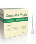 Top Shelf 100 Pack Sterile Disposable 18 Gauge One And A Half Inch Luer Lock Syringe Tips For Lab Science Nursery Gardening And Home Diy Jobs With Heavy Duty Stainless Steel Barrels And No Hassle Seal Caps in a box with a needle and cap.