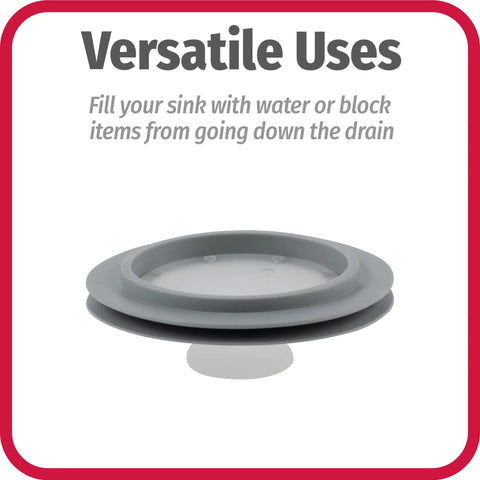 Kitchen Sink Stopper With Flexible Outer Ring For A Tight Seal And Easy Release Knob, No Fuss Drain Cover That Fits Most Sinks And Disposals, Quick Convert Your Sink Into A Bath Or Soaker When You Need It, shown in silver with easy-grip knob.