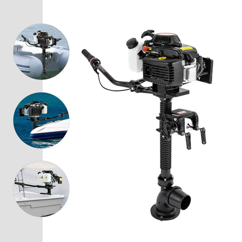 Beefy 4HP Gas Outboard Motor 55cc 4-Stroke with air cooling and manual pull start, shown with various boat applications