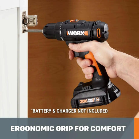 Hand using 20V Drill Driver Built For Big Jobs With Three Eighths Inch Chuck, Beefy Speed And Torque on cabinet door.